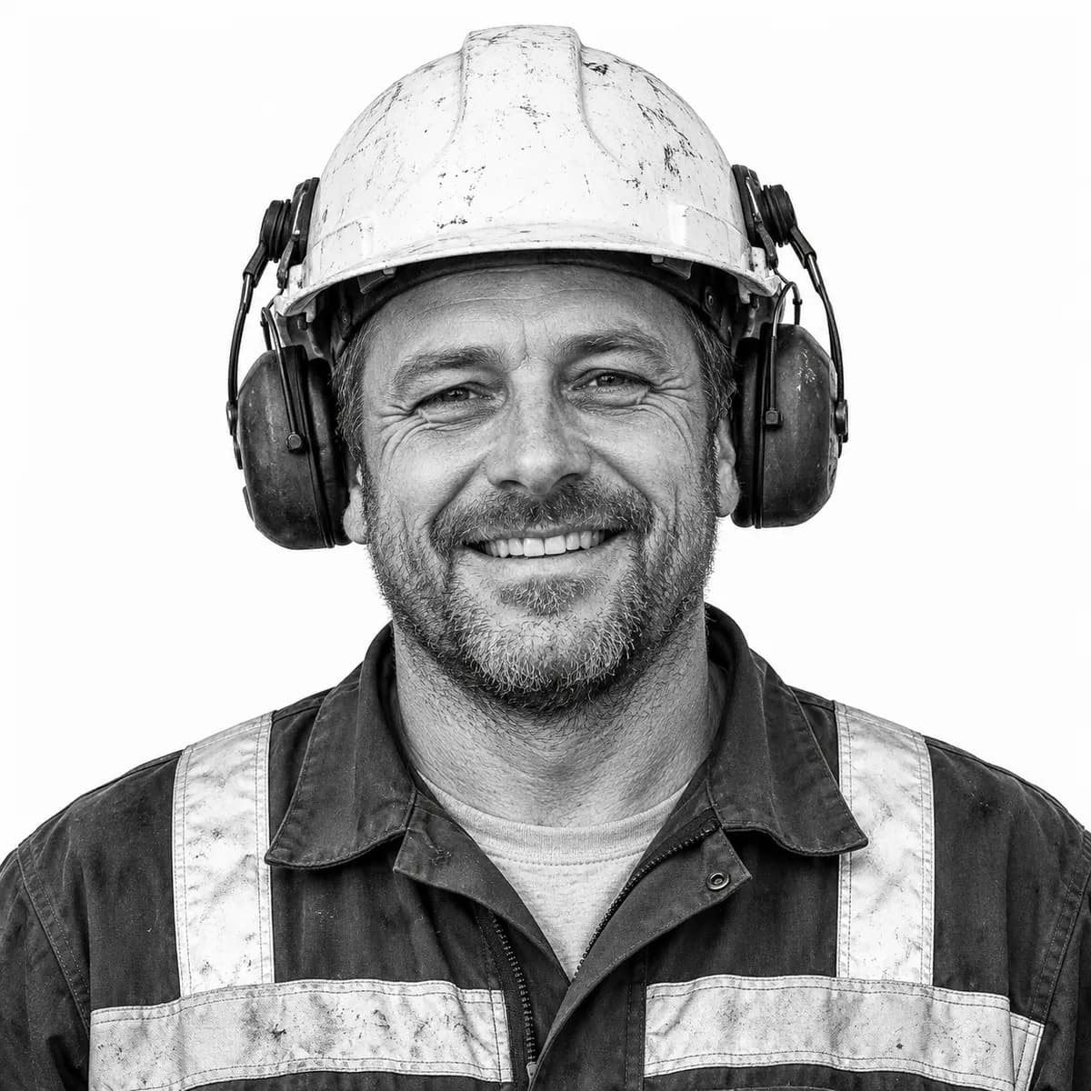 Offshore oil rig worker in a hard hat with ear defenders