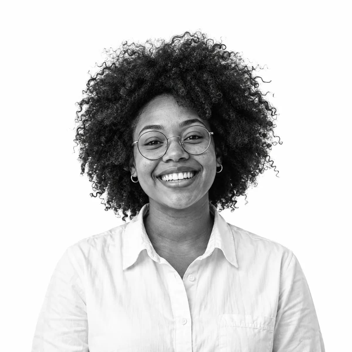 Smiling young woman with curly hair and round glasses, wearing a white shirt