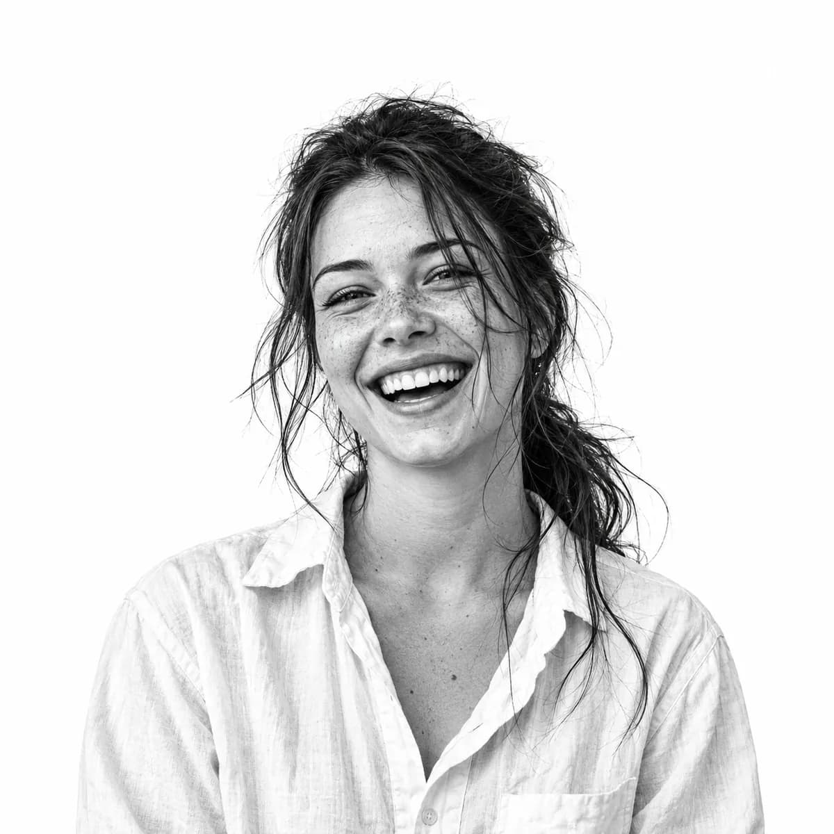 Young woman laughing, her hair pulled back in a loose ponytail