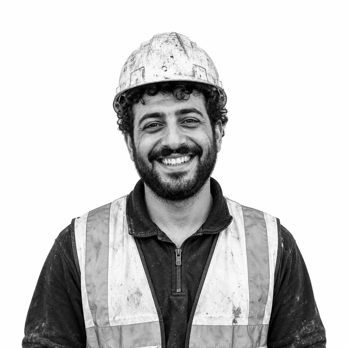 Construction worker in a hard hat and hi-vis vest, grinning