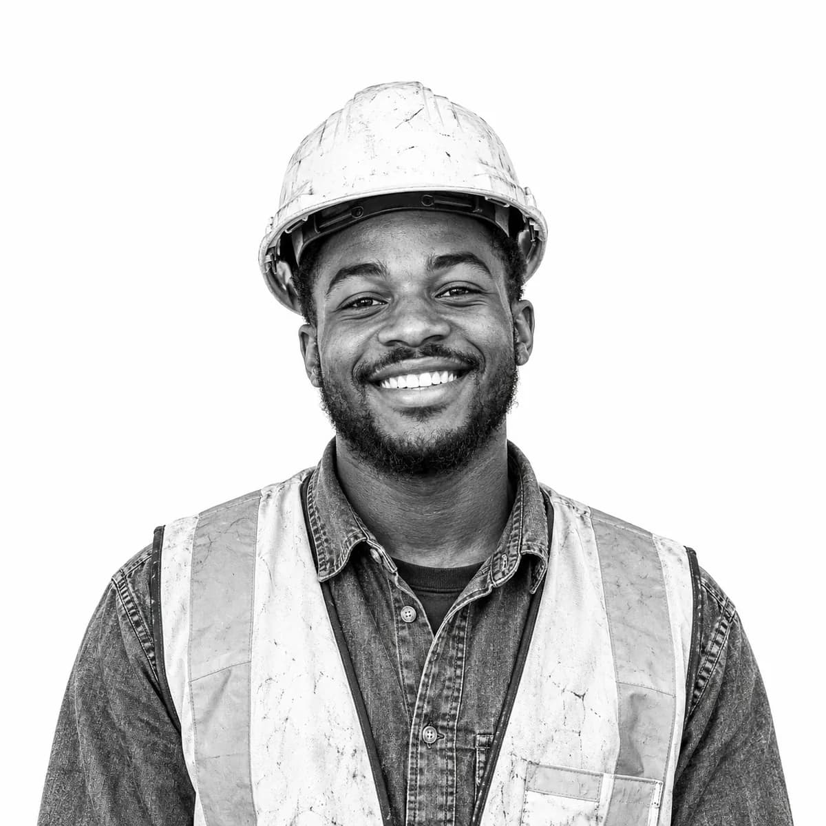Smiling young construction worker in a white hard hat and hi-vis vest